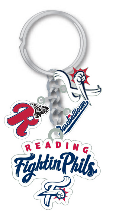 Reading Fightin Phils Cluster Keychain with F-Fist, Primary Logo, Baseballtown and Reading Train Logos