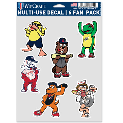 Wincraft 6 Pack Decal - Quack the Duck, Change-Up the Turtle, Screwball, Bucky the Beaver, Blooper the Hound Dog, Crazy Hot Dog Vendor